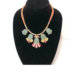 J.CREW VTG Statement Orange Rope Green Pink Peach Stone Necklace Gold Tone Metal